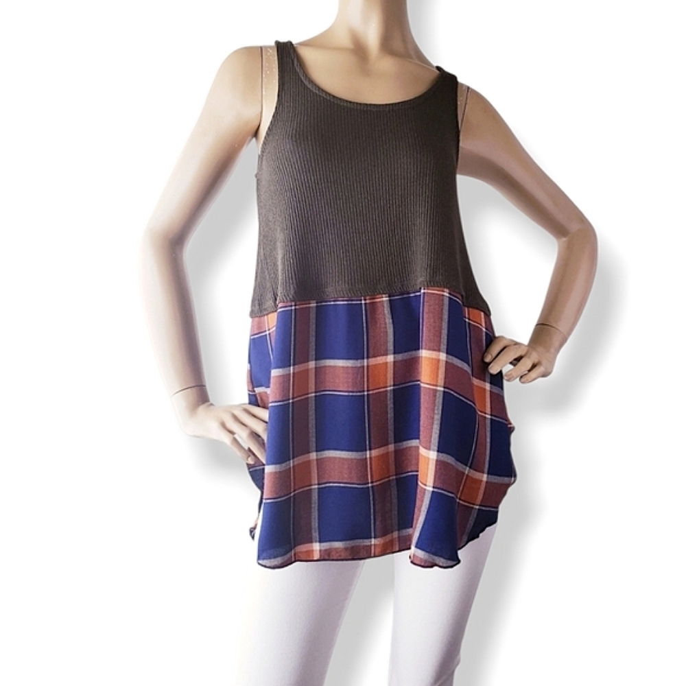 Hi-Beam Green & Blue Plaid Panel High Low Tank Top